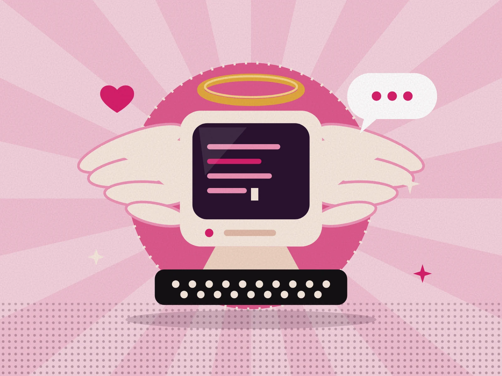 Illustration of a retro computer with a halo and angel wings