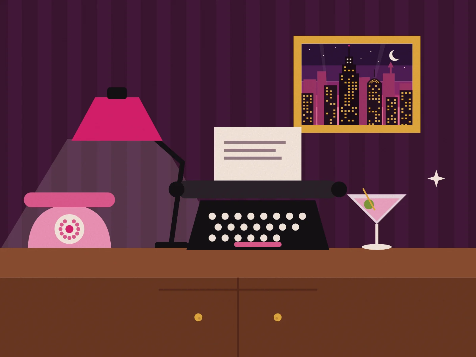 Illustration of a work desk with a typewriter, a phone and a lamp