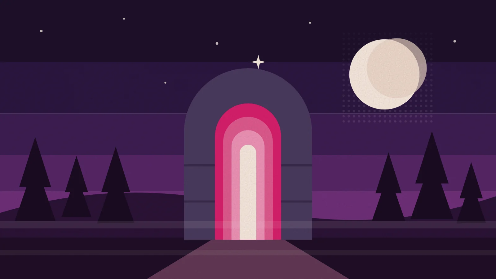 Illustration of a moonlit stone portal in a forest