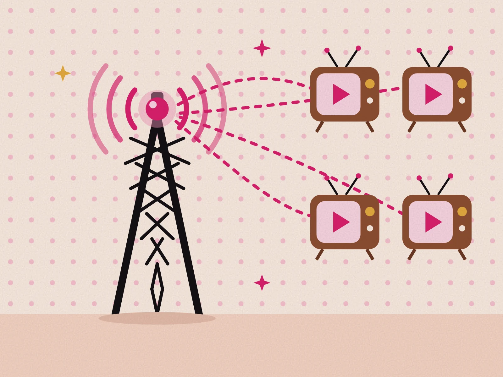 Illustration of a broadcast tower sending one live stream to four televisions