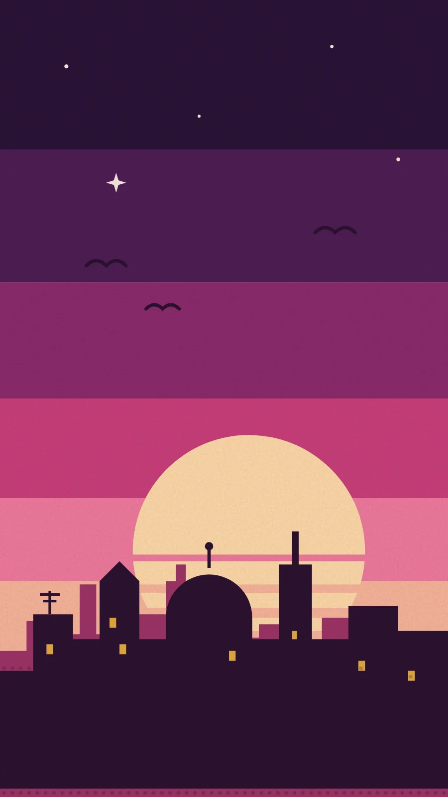 Illustration of old city rooftops at pink dusk