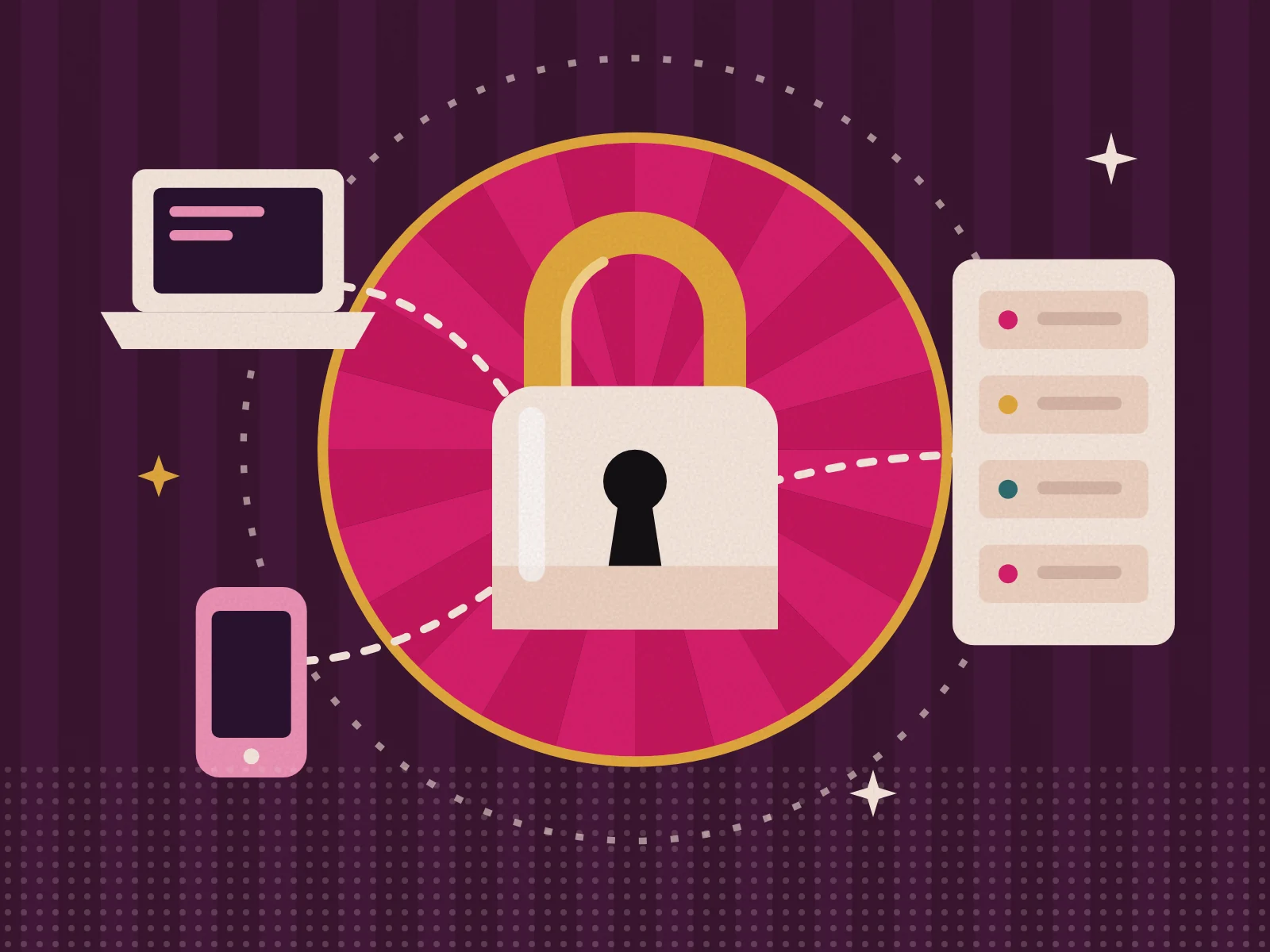 Illustration of a padlock joining a laptop, a phone and a server